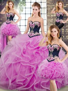 Lilac Sleeveless Sweep Train Embroidery and Ruffles Quince Ball Gowns