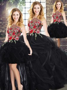 Graceful Scoop Sleeveless Sweet 16 Quinceanera Dress Floor Length Embroidery and Ruffles Black