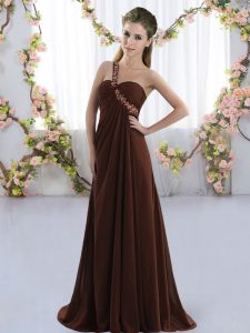 Brown Chiffon Lace Up Quinceanera Court Dresses Sleeveless Brush Train Beading