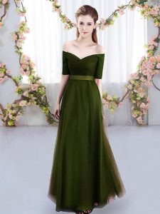 Adorable Olive Green Short Sleeves Floor Length Ruching Lace Up Dama Dress