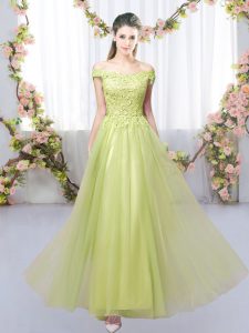 Super Floor Length Empire Sleeveless Yellow Green Quinceanera Court of Honor Dress Lace Up