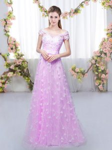 Dynamic Lilac Cap Sleeves Floor Length Appliques Lace Up Quinceanera Dama Dress