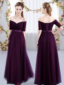 Floor Length Dark Purple Vestidos de Damas Tulle Short Sleeves Ruching
