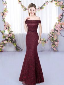 Customized Burgundy Lace Up Off The Shoulder Sleeveless Floor Length Court Dresses for Sweet 16 Lace