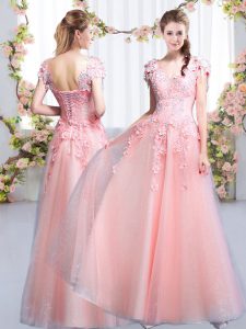 Pink Quinceanera Court of Honor Dress Prom and Party and Wedding Party with Beading and Appliques V-neck Cap Sleeves Lace Up