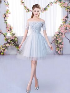 Adorable Mini Length Grey Dama Dress for Quinceanera Off The Shoulder Short Sleeves Lace Up