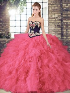 Most Popular Beading and Embroidery 15 Quinceanera Dress Hot Pink Lace Up Sleeveless Floor Length