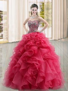 Most Popular Sleeveless Floor Length Beading and Ruffles Lace Up Quinceanera Gowns with Coral Red