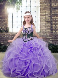 Lavender Straps Neckline Embroidery and Ruffles Kids Pageant Dress Sleeveless Lace Up