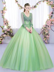 Long Sleeves Floor Length Lace and Appliques Lace Up Quinceanera Gown with Green