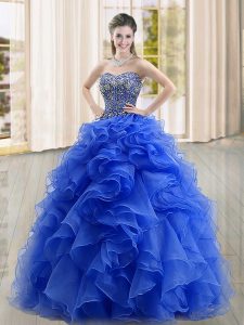 Dazzling Blue Ball Gowns Organza Sweetheart Sleeveless Beading and Ruffles Floor Length Lace Up Ball Gown Prom Dress