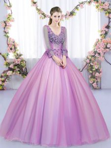 Floor Length Lilac 15 Quinceanera Dress V-neck Long Sleeves Lace Up