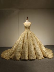 Customized Gold Lace Up Scoop Sequins Ball Gown Prom Dress Sleeveless Brush Train