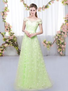 Graceful Floor Length Yellow Green Damas Dress Off The Shoulder Cap Sleeves Lace Up