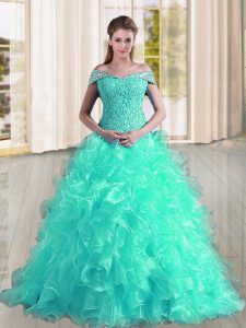 Noble A-line Sleeveless Turquoise Quinceanera Gown Sweep Train Lace Up