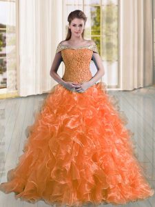 Sleeveless Beading and Lace and Ruffles Lace Up 15th Birthday Dress with Orange Sweep Train