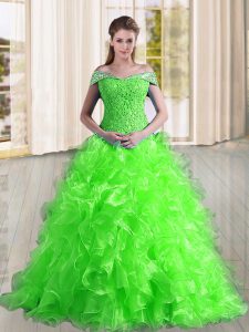 Captivating Off The Shoulder Sleeveless Quince Ball Gowns Sweep Train Beading and Lace and Ruffles Organza