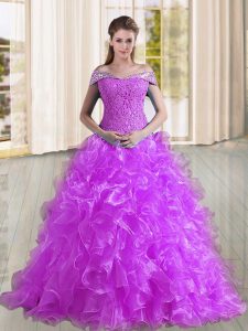 Sweet Off The Shoulder Sleeveless Organza Sweet 16 Dress Beading and Lace and Ruffles Sweep Train Lace Up