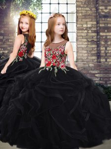 Black Scoop Neckline Embroidery and Ruffles Little Girl Pageant Dress Sleeveless Zipper