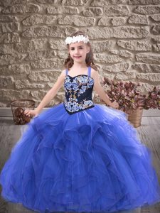 Hot Sale Floor Length Royal Blue Little Girls Pageant Dress Tulle Sleeveless Embroidery and Ruffles