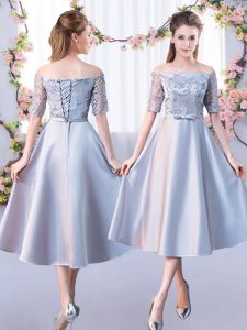 Fashion Silver A-line Satin Off The Shoulder Half Sleeves Lace Tea Length Lace Up Quinceanera Court of Honor Dress