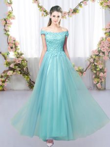 Aqua Blue Off The Shoulder Lace Up Lace Dama Dress for Quinceanera Sleeveless