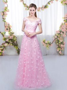 Adorable Rose Pink Off The Shoulder Neckline Appliques Quinceanera Court of Honor Dress Cap Sleeves Lace Up