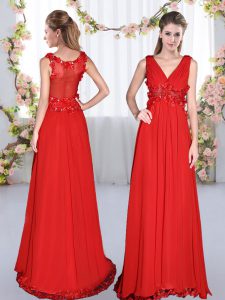 Floor Length Red Dama Dress Chiffon Sleeveless Beading and Appliques