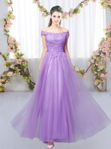 Deluxe Off The Shoulder Sleeveless Lace Up Dama Dress for Quinceanera Lavender Tulle