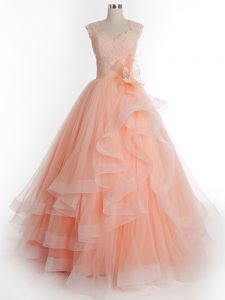 Unique Floor Length Peach Quinceanera Dress Straps Sleeveless Lace Up