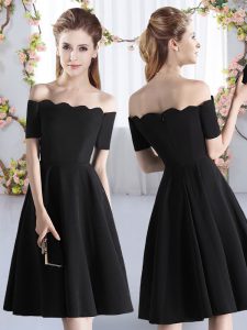 Fashionable Short Sleeves Knee Length Ruching Zipper Dama Dress with Black