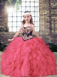 On Sale Coral Red Ball Gowns Tulle Straps Sleeveless Embroidery and Ruffles Floor Length Lace Up Little Girls Pageant Dress