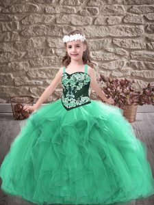 Top Selling Tulle Straps Sleeveless Lace Up Embroidery and Ruffles Little Girls Pageant Dress Wholesale in Turquoise