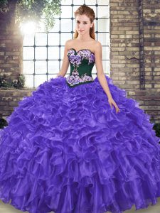 Adorable Lace Up 15 Quinceanera Dress Purple for Military Ball and Sweet 16 and Quinceanera with Embroidery and Ruffles Sweep Train