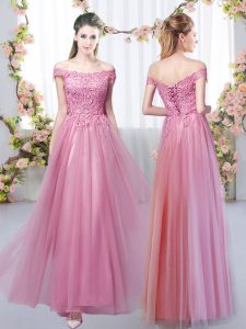 Pink Sleeveless Floor Length Lace Lace Up Damas Dress