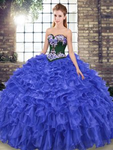 Beauteous Royal Blue Sleeveless Sweep Train Embroidery and Ruffles Quinceanera Dresses