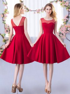 Elegant Red Satin Zipper Scoop Sleeveless Knee Length Damas Dress Ruching