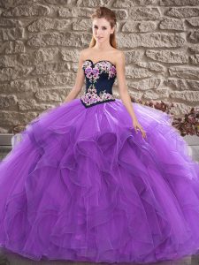 Colorful Sweetheart Sleeveless 15 Quinceanera Dress Floor Length Beading and Embroidery Purple Tulle