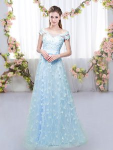 Blue Tulle Lace Up Off The Shoulder Cap Sleeves Floor Length Quinceanera Court Dresses Appliques