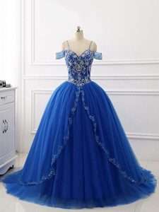 Glorious Off The Shoulder Sleeveless Quinceanera Dress Brush Train Beading Royal Blue Tulle
