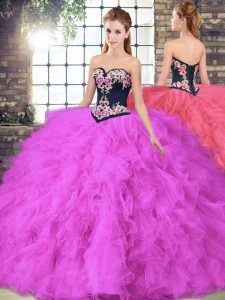 Fuchsia Sweetheart Lace Up Beading and Embroidery Sweet 16 Dresses Sleeveless