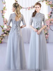Fitting Half Sleeves Floor Length Lace Lace Up Damas Dress with Grey