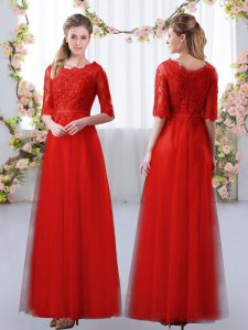 Superior Half Sleeves Floor Length Lace Zipper Vestidos de Damas with Red