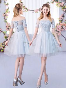 Off The Shoulder Short Sleeves Quinceanera Court of Honor Dress Mini Length Lace Grey Tulle