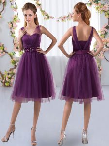 Luxury V-neck Sleeveless Damas Dress Knee Length Appliques Purple Tulle