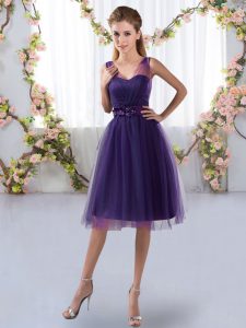 Great Purple Empire Tulle V-neck Sleeveless Appliques Knee Length Zipper Court Dresses for Sweet 16