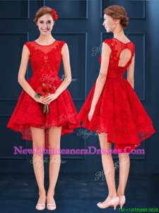 Scoop Sleeveless Damas Dress High Low Lace Red Lace