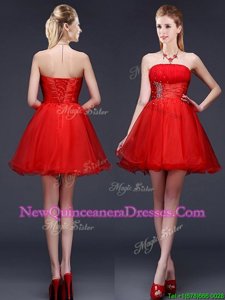 Clearance Mini Length Lace Up Vestidos de Damas Red and In for Prom and Party withBeading and Ruching and Belt