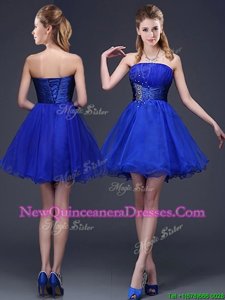 Royal Blue Lace Up Court Dresses for Sweet 16 Beading and Ruching Sleeveless Mini Length