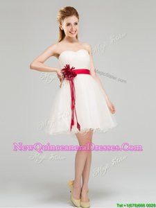 Delicate White Tulle Zipper Sweetheart Sleeveless Mini Length Dama Dress Sashes|ribbons and Hand Made Flower